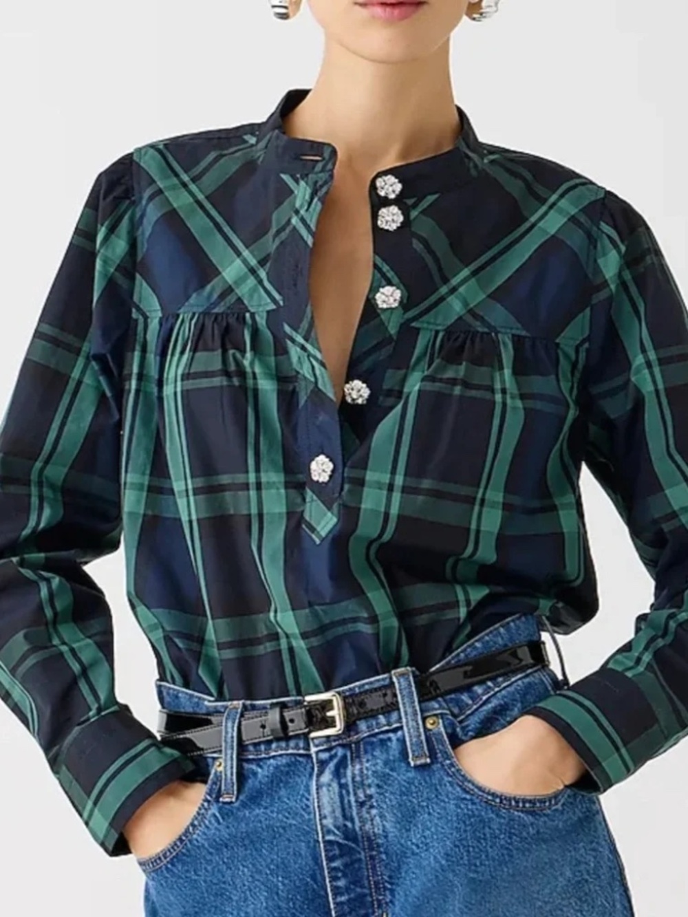 J. Crew Fresco Top With Jewel Buttons In Black Watch Tartan Plaid - Picture 2 of 9